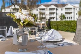 senior living dining area and patio